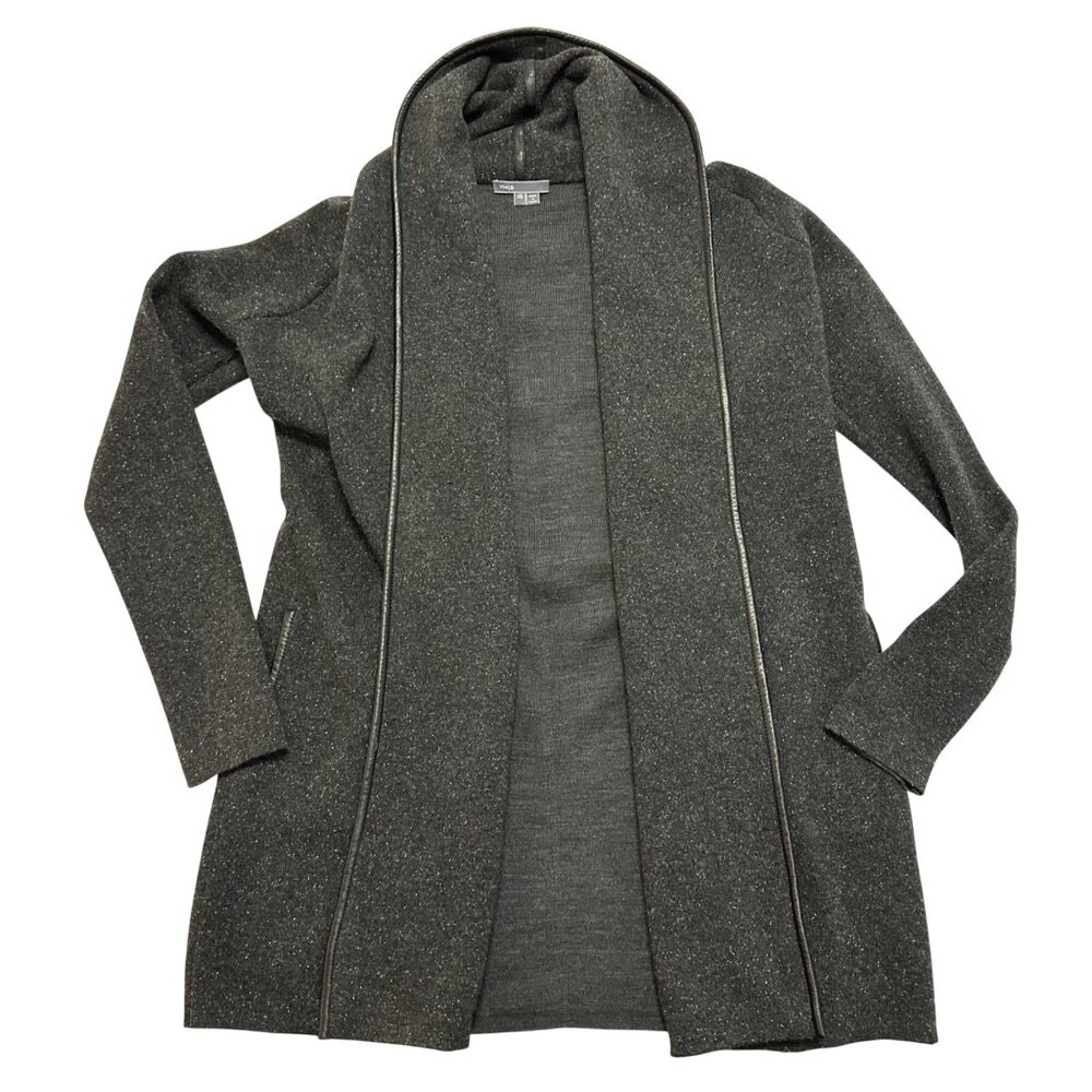 Vince Wool Blend Leather Trim Open Cardigan Sweater Size Womens XS Gray Classic